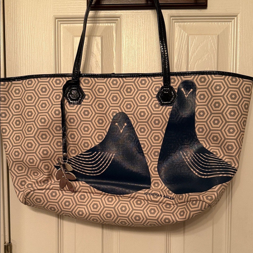 Jonathan Adler Hexagon Pattern Tote with Navy Birds